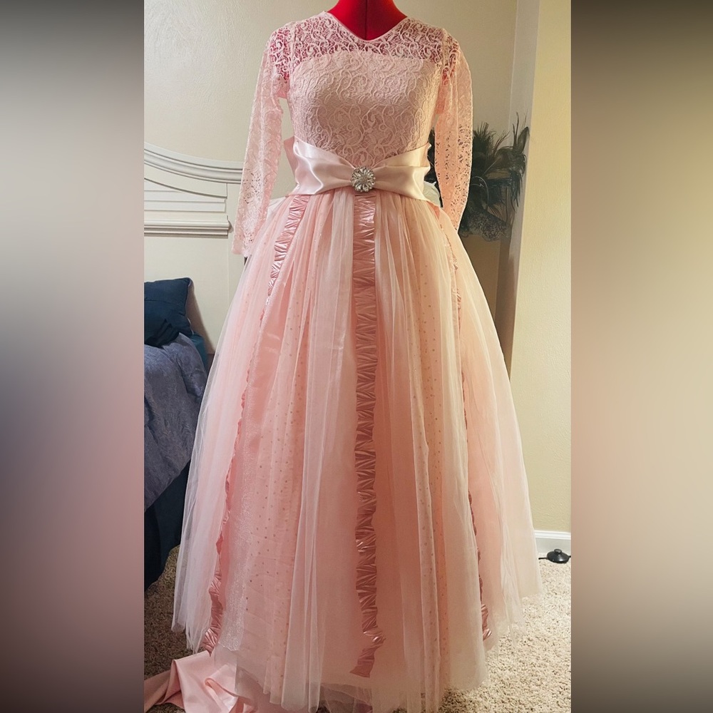 Pink Lace Formal Princess Kids Dress with Satin Bow